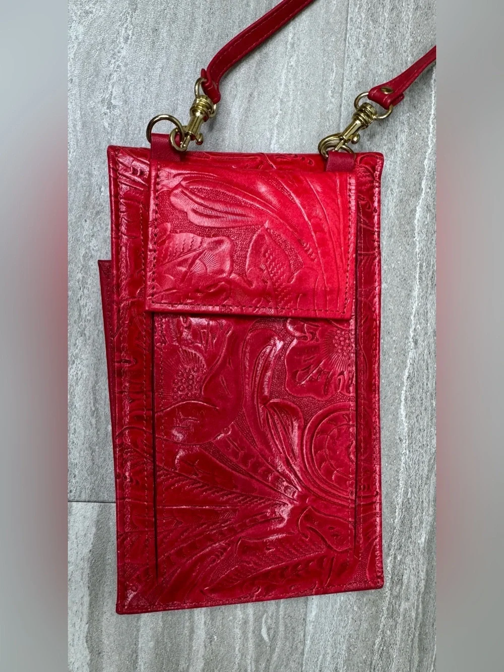 NEW! Rolfs VTG  Red Embossed Leather Crossbody Passport Purse Wallet